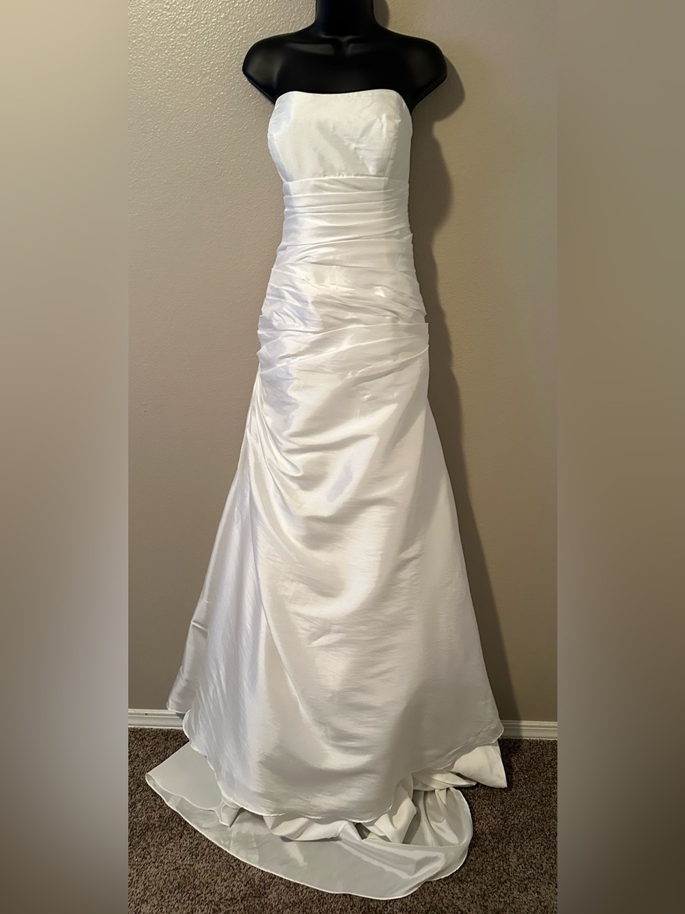 Allure Bridals Strapless White Satin Ruched A-Line Gown